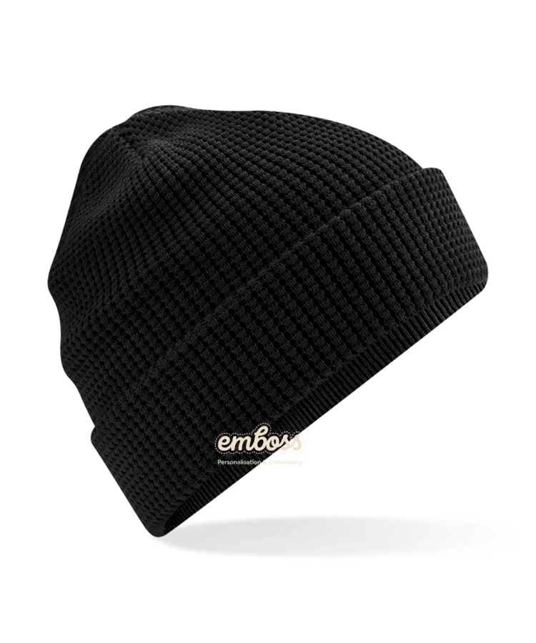 Organic cotton waffle beanie in Black