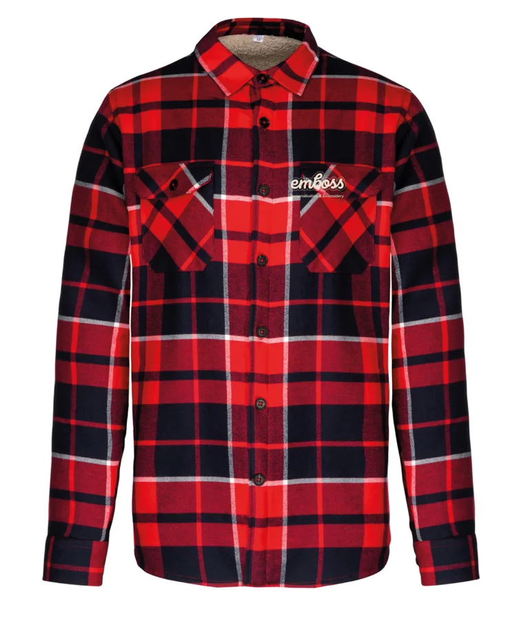Sherpa-lined checked shirt jacket in Red/Navy